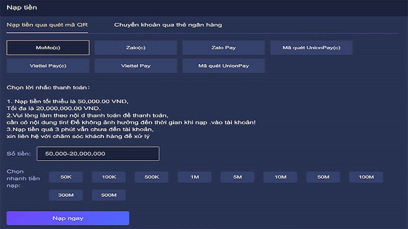 Nạp tiền qua quét MOMO